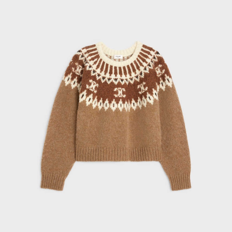 Celine Crew Neck In Triomphe Fair Isle Wol Gebreide Kleding Bruin | CL-592706