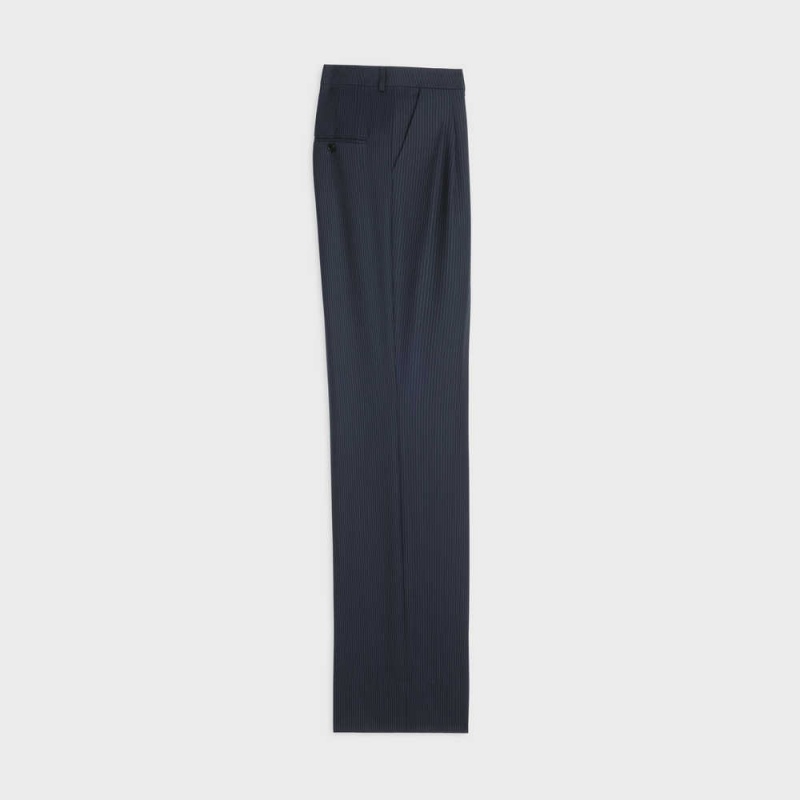 Celine Double-pleated Tixie In Gestreept Wol Broek Donkerblauw | CL-592735