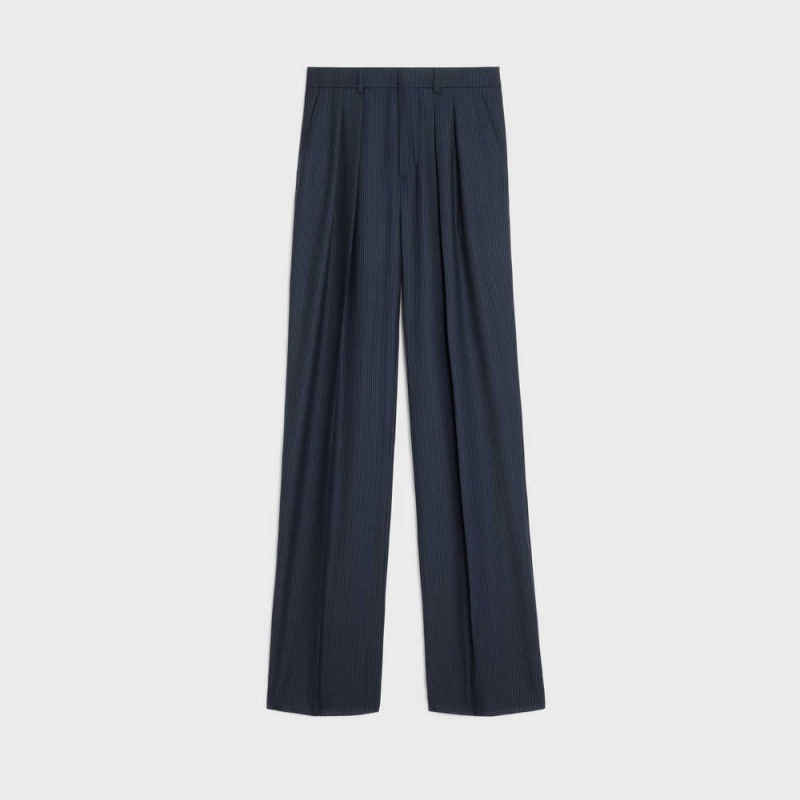 Celine Double-pleated Tixie In Gestreept Wol Broek Donkerblauw | CL-592735