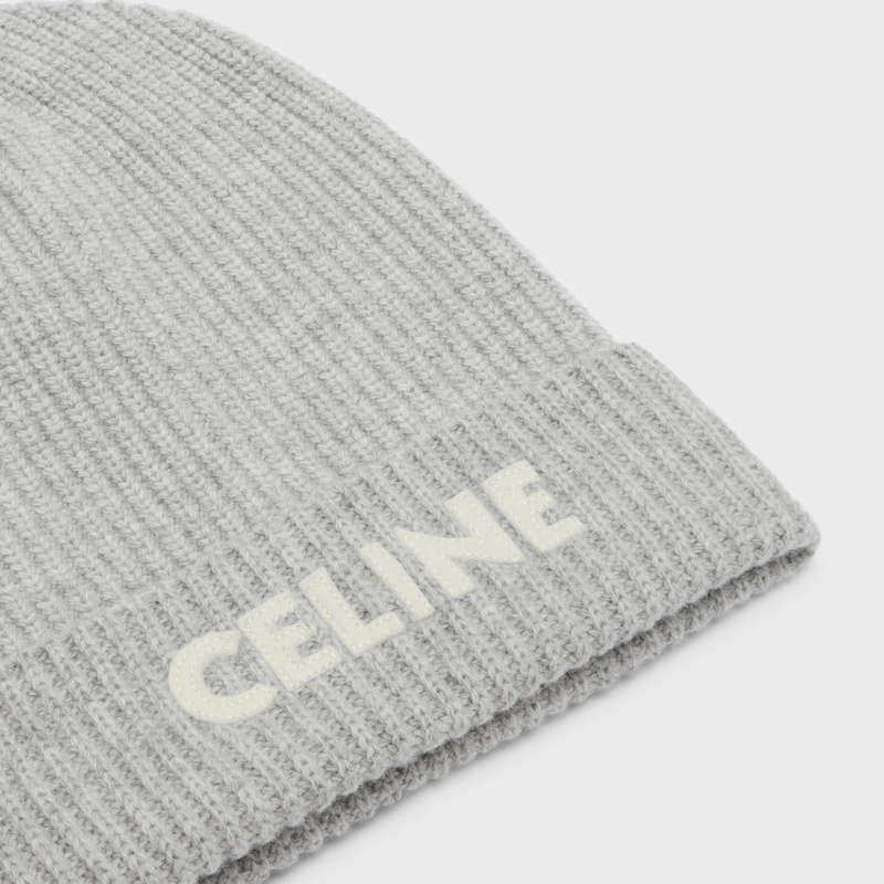 Celine Embroidered Beanie In Geribbeld Felted Wol Hoed Lichtgrijs | CL-591717