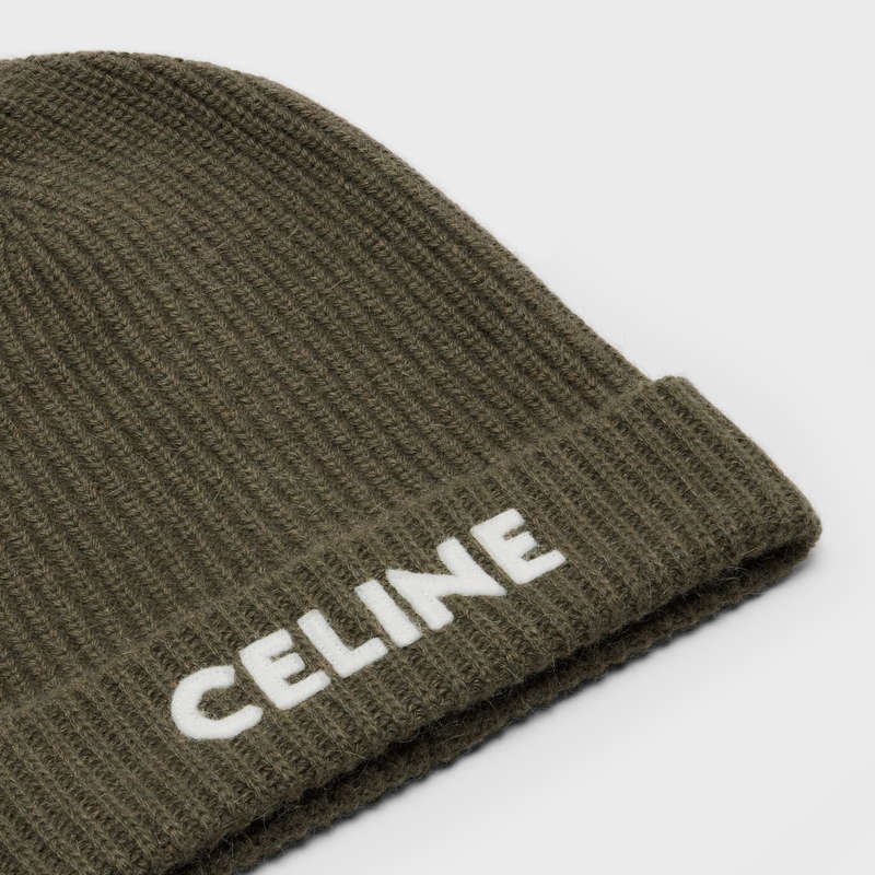 Celine Embroidered Beanie In Geribbeld Felted Wol Hoed Khaki | CL-591716