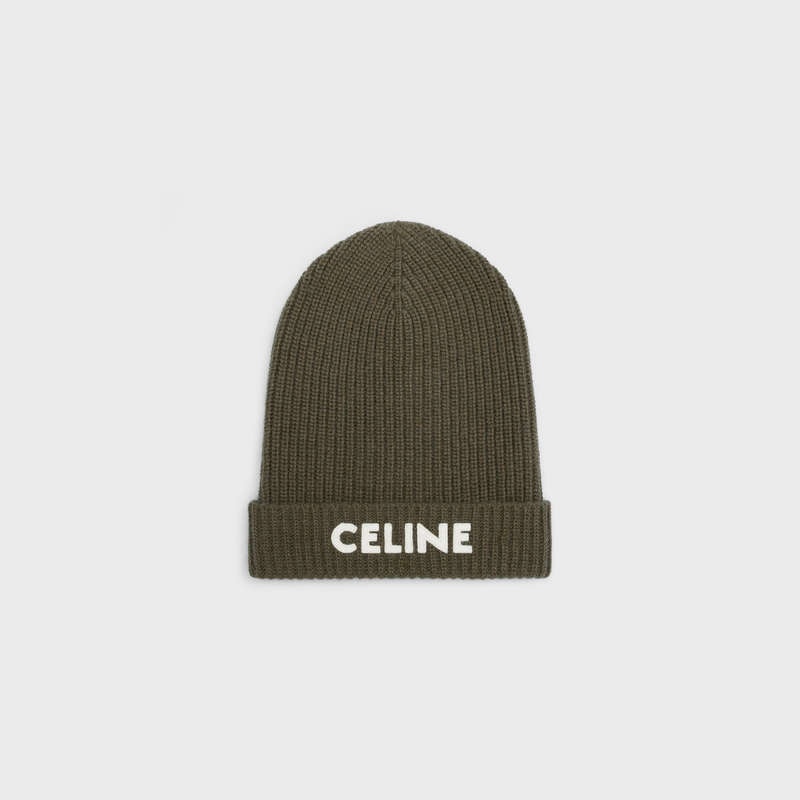 Celine Embroidered Beanie In Geribbeld Felted Wol Hoed Khaki | CL-591716