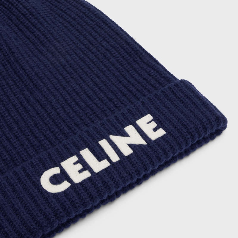 Celine Embroidered Beanie In Geribbeld Felted Wol Hoed Donkerblauw | CL-591715