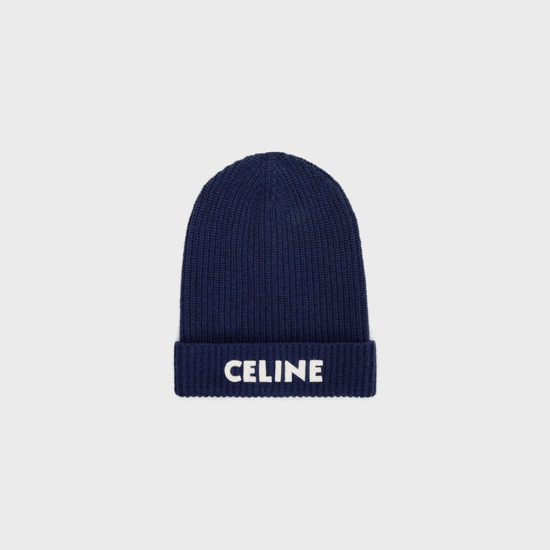 Celine Embroidered Beanie In Geribbeld Felted Wol Hoed Donkerblauw | CL-591715