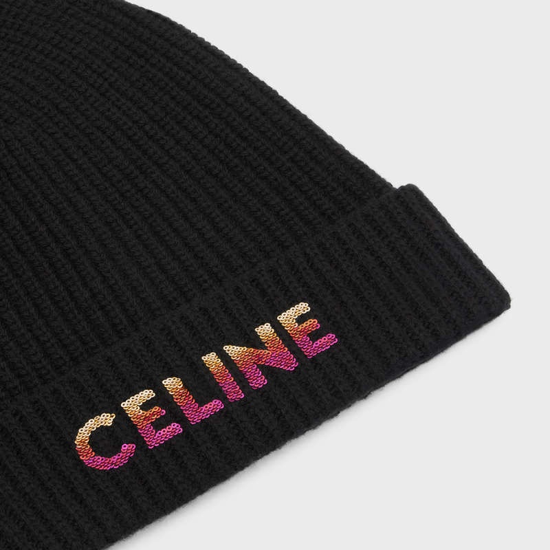 Celine Embroidered Beanie In Geribbeld Wol Hoed Zwart | CL-591718