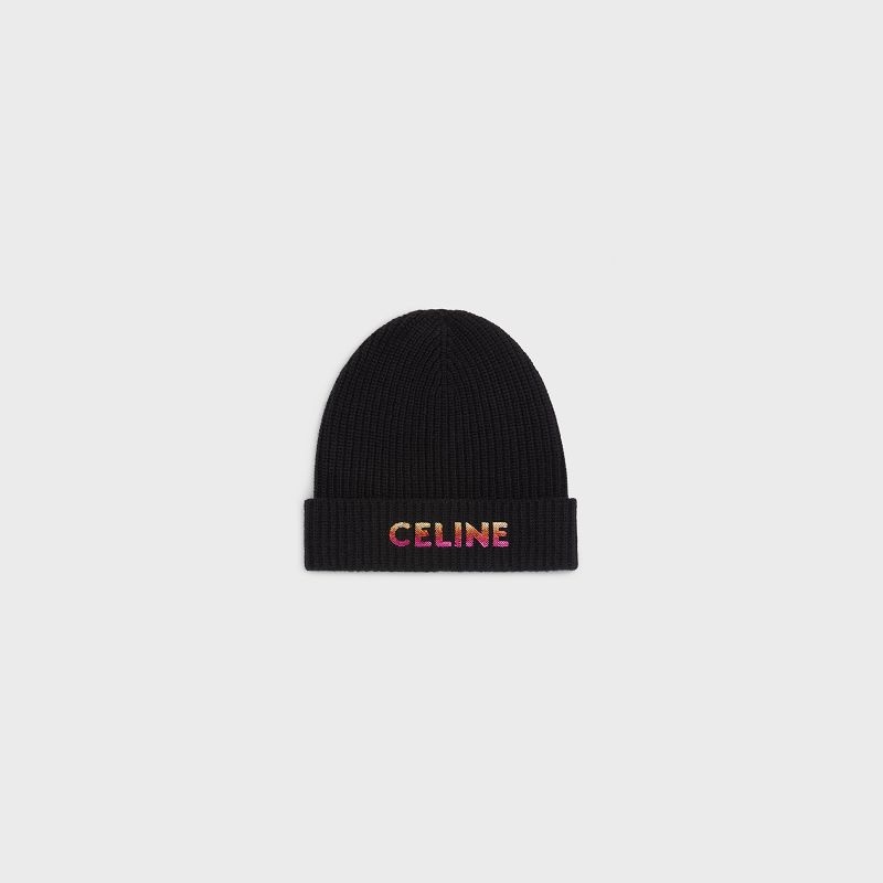 Celine Embroidered Beanie In Geribbeld Wol Hoed Zwart | CL-591718