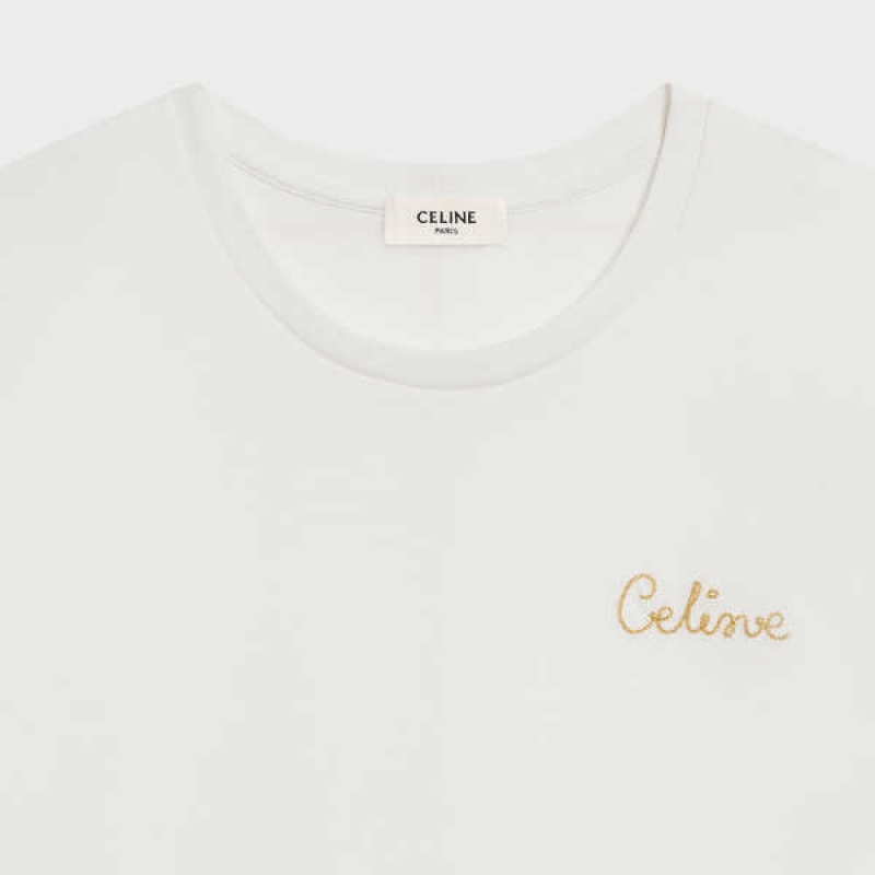 Celine Embroidered In Katoenen T-shirt Wit | CL-592788