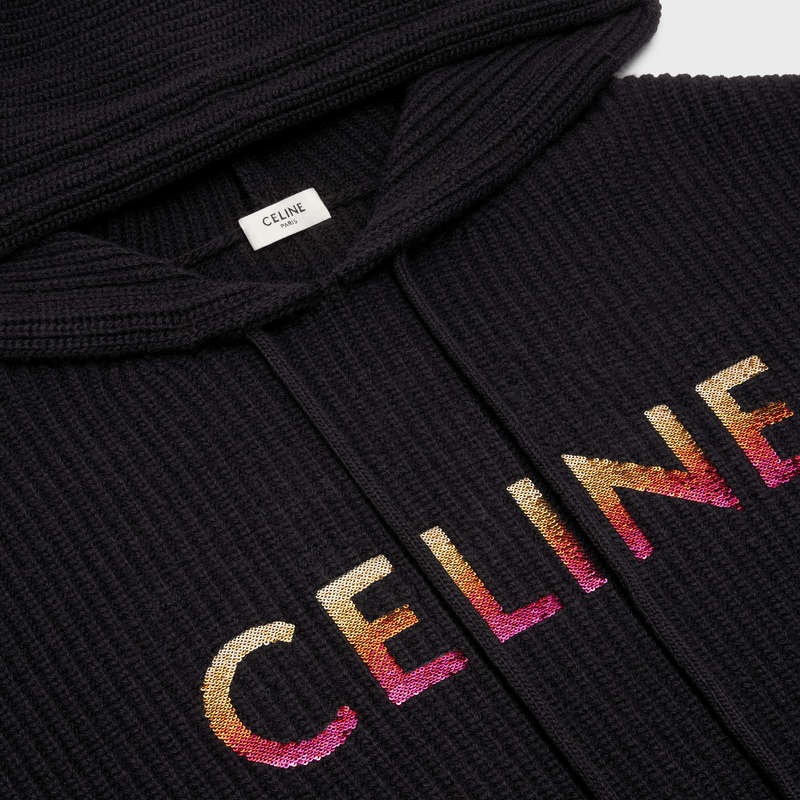 Celine Embroidered Met Capuchon In Geribbeld Wol Sweatshirts Zwart | CL-592108