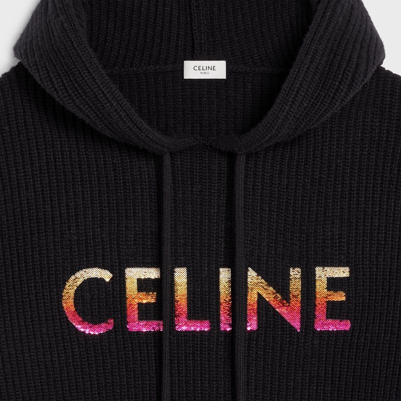 Celine Embroidered Met Capuchon In Geribbeld Wol Sweatshirts Zwart | CL-592108