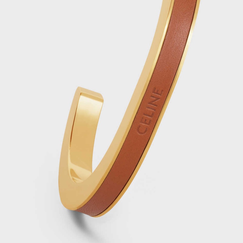 Celine Formes Simples Leren Cuff In Brass With Gold Finish And Calfskin Armbanden Goud Bruin | CL-592214