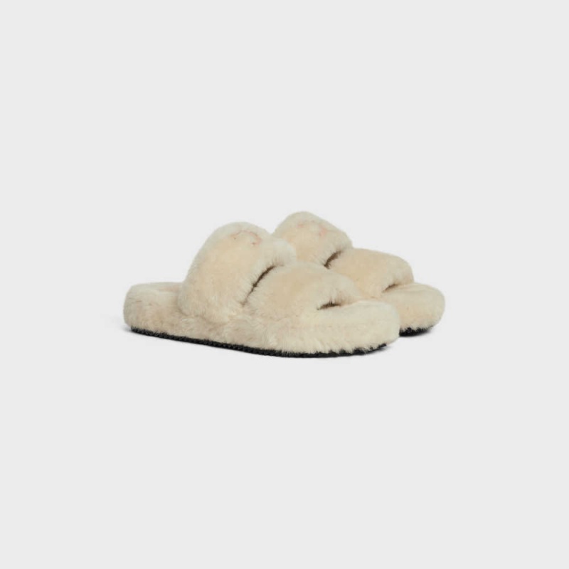 Celine Fur Slides Triomphe Open Slides In Shearling Loafers Beige Beige | CL-592538