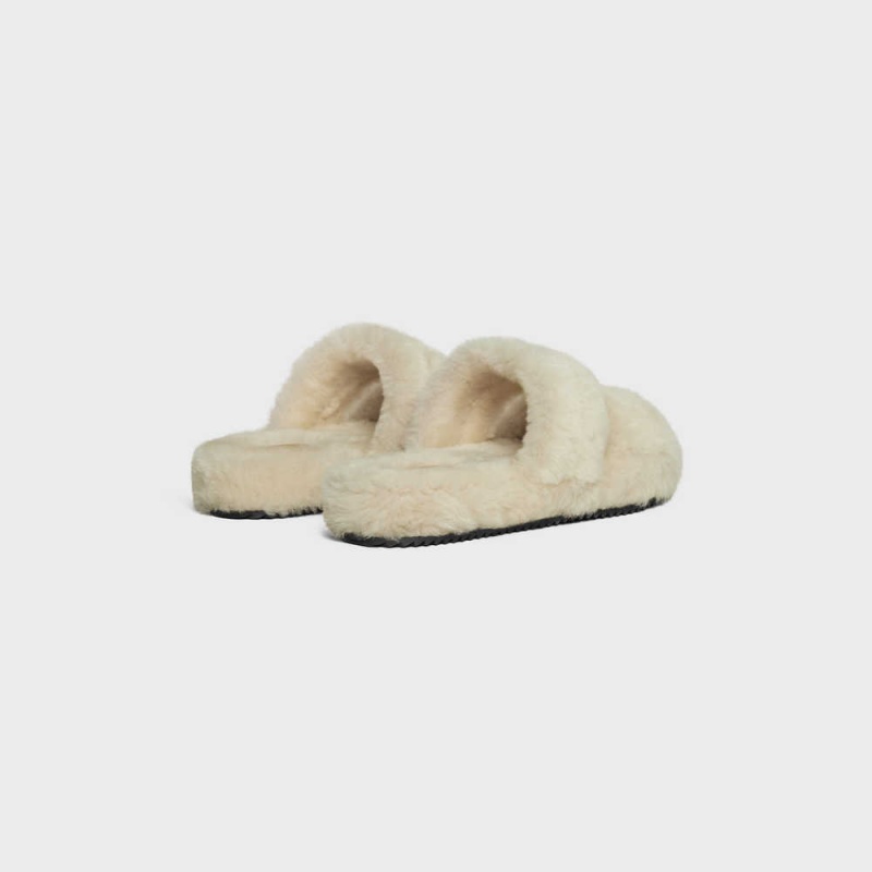 Celine Fur Slides Triomphe Open Slides In Shearling Loafers Beige Beige | CL-592538