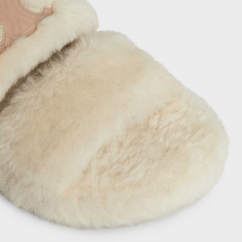 Celine Fur Slides Triomphe Open Slides In Shearling Loafers Beige Beige | CL-592538