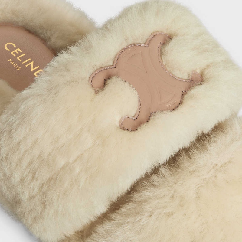 Celine Fur Slides Triomphe Open Slides In Shearling Loafers Beige Beige | CL-592538