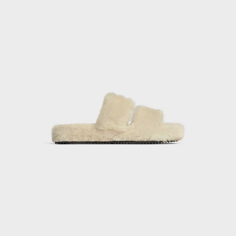 Celine Fur Slides Triomphe Open Slides In Shearling Loafers Beige Beige | CL-592538