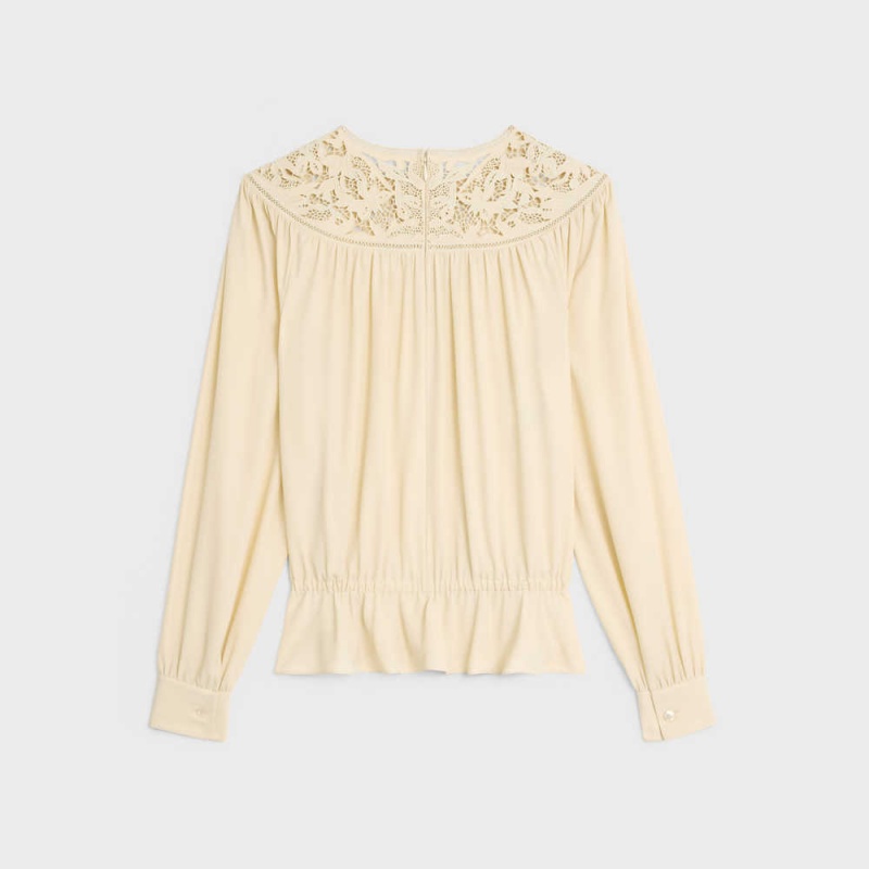 Celine Guipure Blouse In Silk Crepe And Acetate Overhemd Lichtgeel | CL-592830