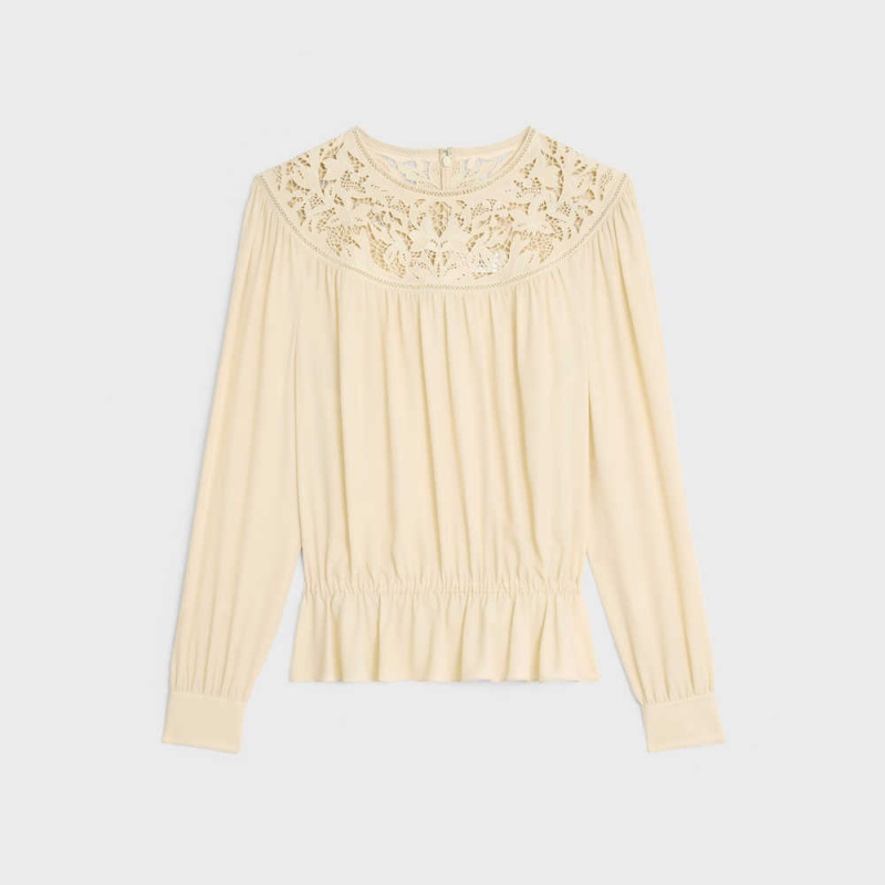 Celine Guipure Blouse In Silk Crepe And Acetate Overhemd Lichtgeel | CL-592830