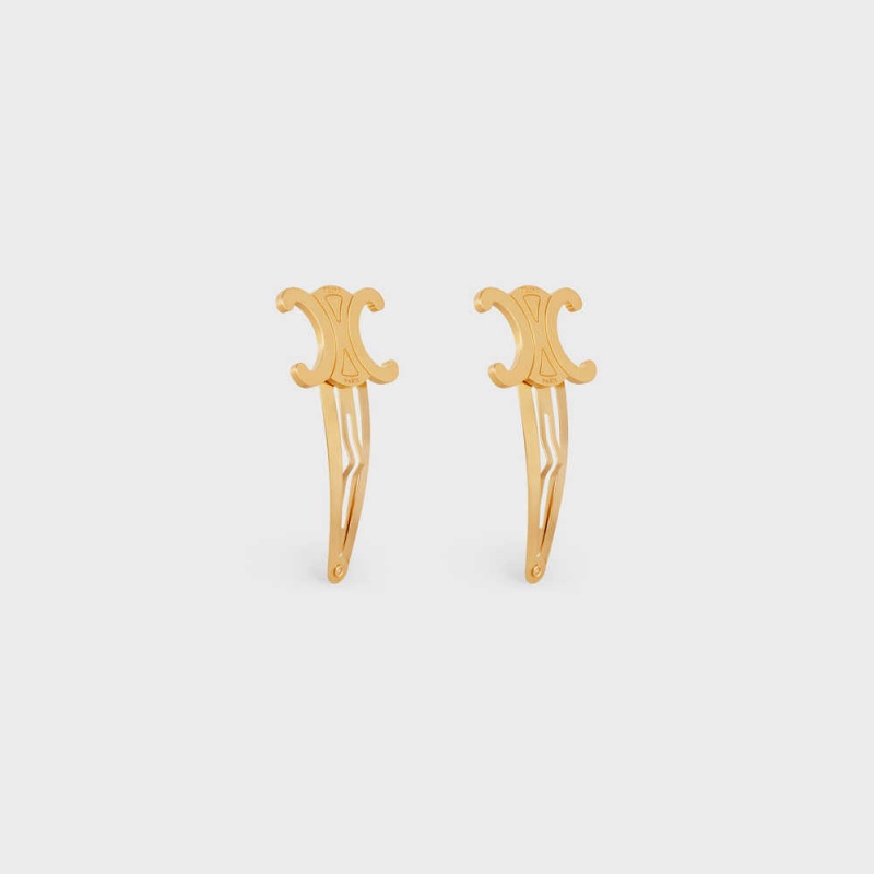 Celine Hair Accessories Set Of 2 Triomphe Snap Hair Clips In Brass With Gold Finish And Steel Haaraccessoires Goud | CL-592316