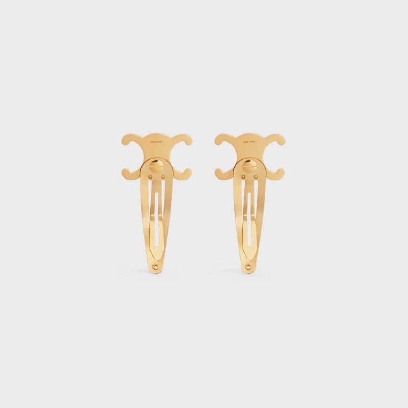 Celine Hair Accessories Set Of 2 Triomphe Snap Hair Clips In Brass With Gold Finish And Steel Haaraccessoires Goud | CL-592316