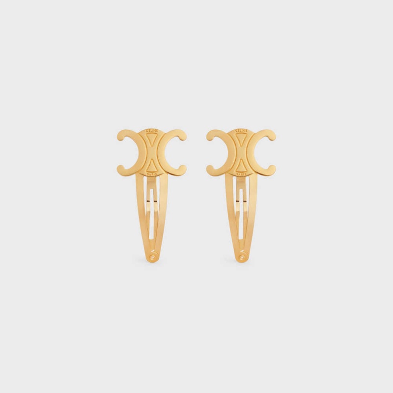 Celine Hair Accessories Set Of 2 Triomphe Snap Hair Clips In Brass With Gold Finish And Steel Haaraccessoires Goud | CL-592316