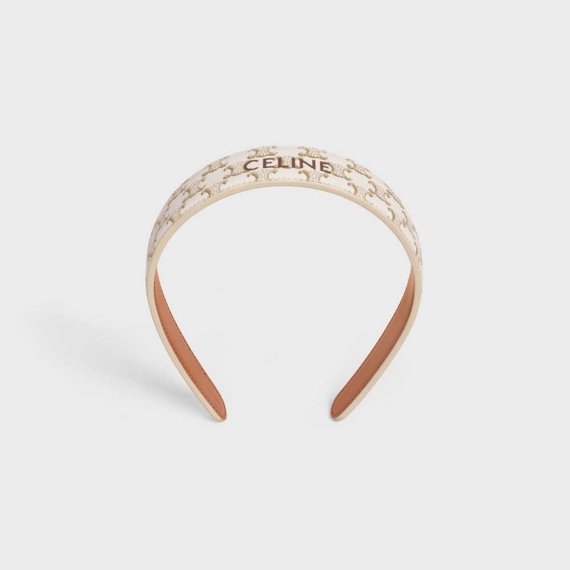 Celine Headband In Triomphe Canvas And Calfskin Haaraccessoires Goud Wit | CL-592338