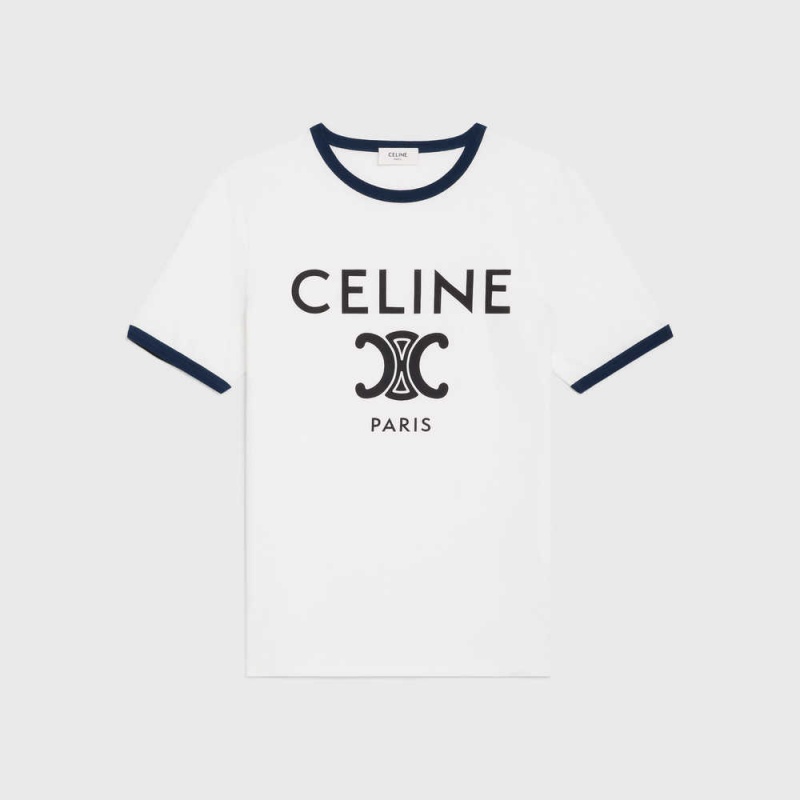 Celine In Katoenen Jersey T-shirt Wit Donkerblauw Zwart | CL-592783