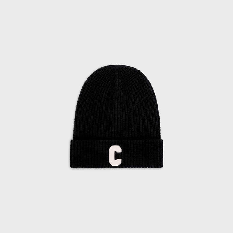 Celine Initial Beanie In Geribbeld Wol Hoed Zwart | CL-591713