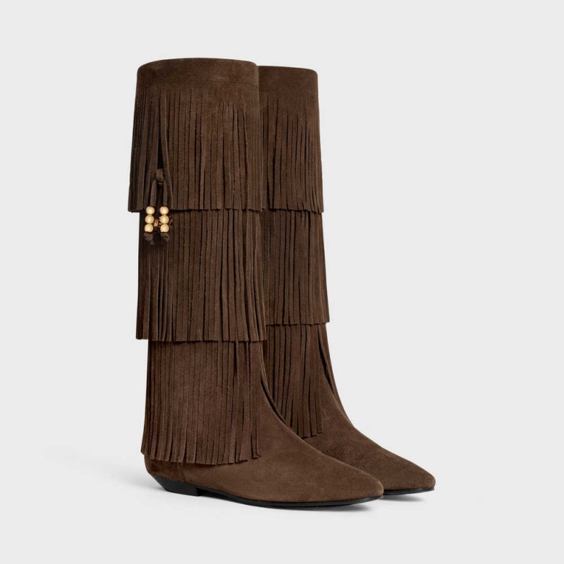 Celine Irina High With Fringes & Embellished Tassels In Suede Calfskin Laarzen Donkerbruin | CL-592519