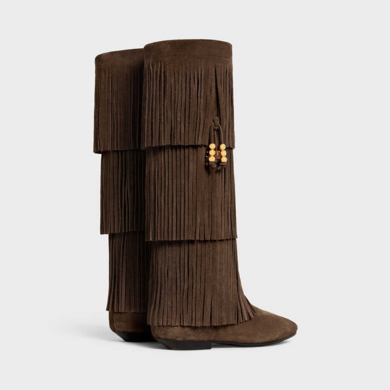 Celine Irina High With Fringes & Embellished Tassels In Suede Calfskin Laarzen Donkerbruin | CL-592519