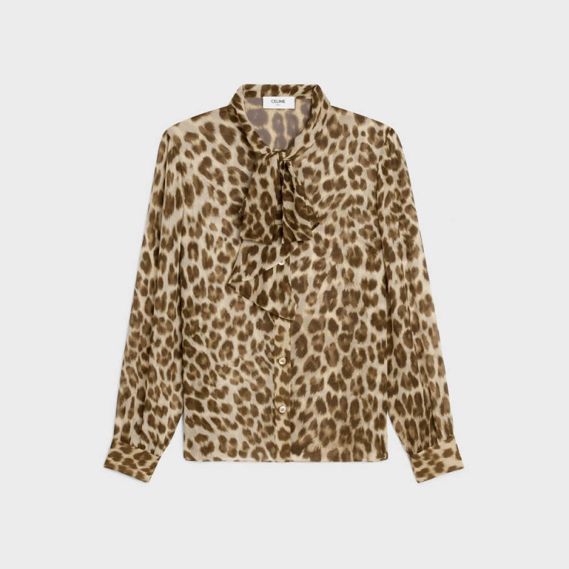 Celine Jabot Blouse With Bow In Silk Georgette Overhemd Leopard | CL-592818