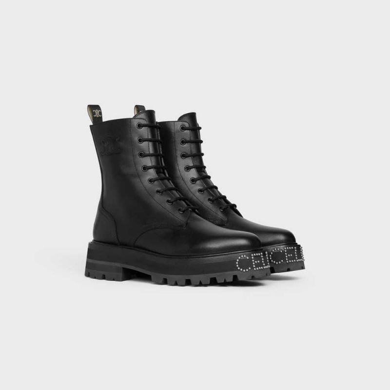 Celine Kanten-up With Triomphe And Studded Outsole Bulky In Shiny Bullskin Laarzen Zwart | CL-592508