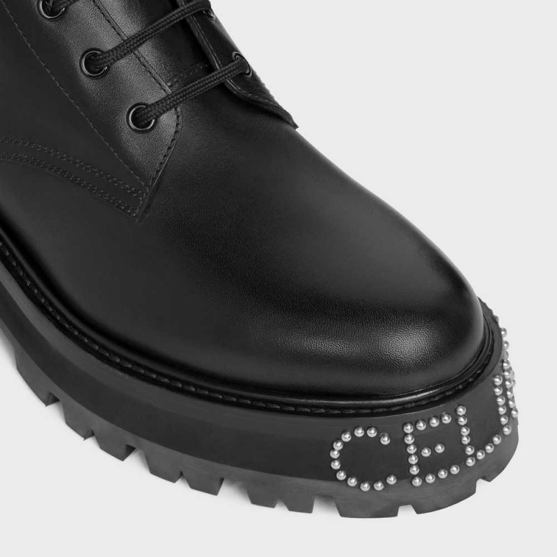 Celine Kanten-up With Triomphe And Studded Outsole Bulky In Shiny Bullskin Laarzen Zwart | CL-592508