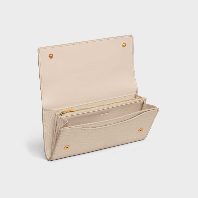 Celine Large Flap In Grained Calfskin Portefeuille Beige | CL-592996