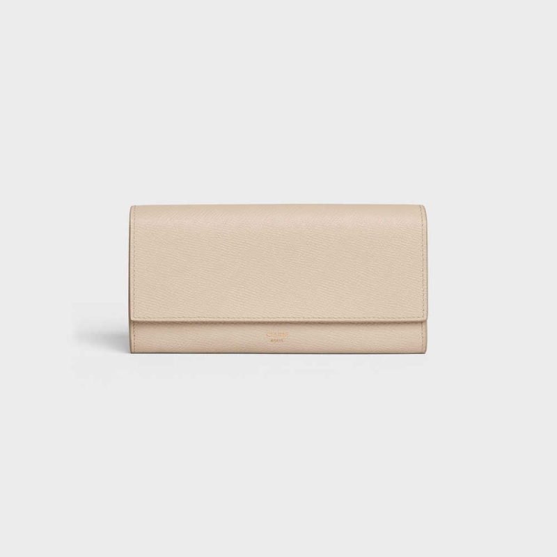 Celine Large Flap In Grained Calfskin Portefeuille Beige | CL-592996