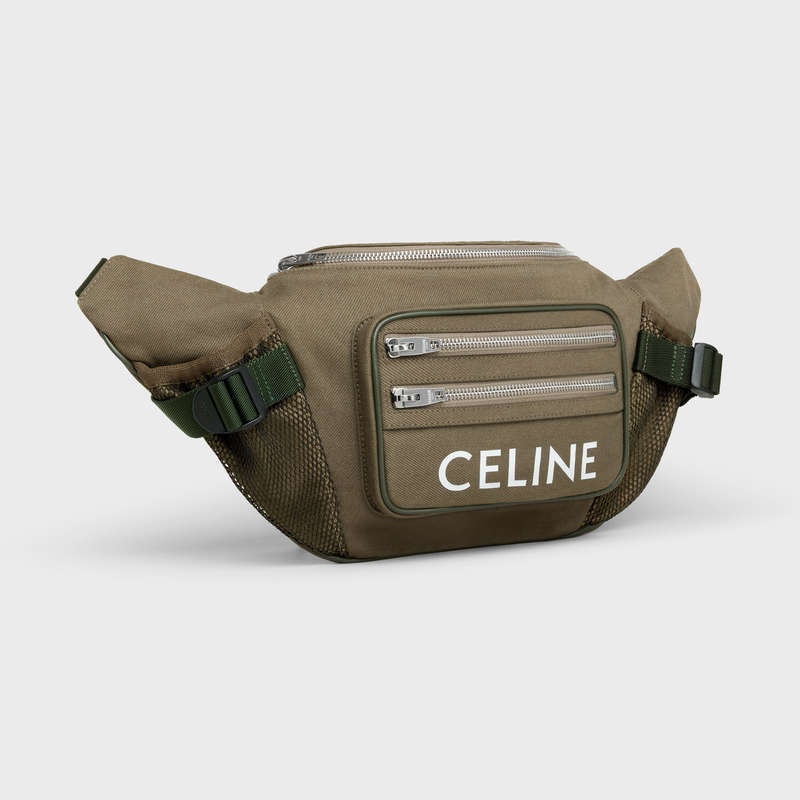 Celine Large Zipped Bag Trekking In Katoenen Gabardine With Celine Print Schoudertassen Khaki | CL-591849