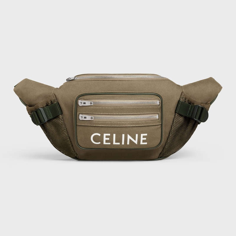 Celine Large Zipped Bag Trekking In Katoenen Gabardine With Celine Print Schoudertassen Khaki | CL-591849