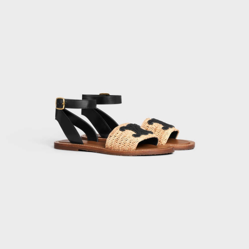 Celine Lympia Platte Riemen In Raffia & Calfskin Sandalen Beige Zwart | CL-592578