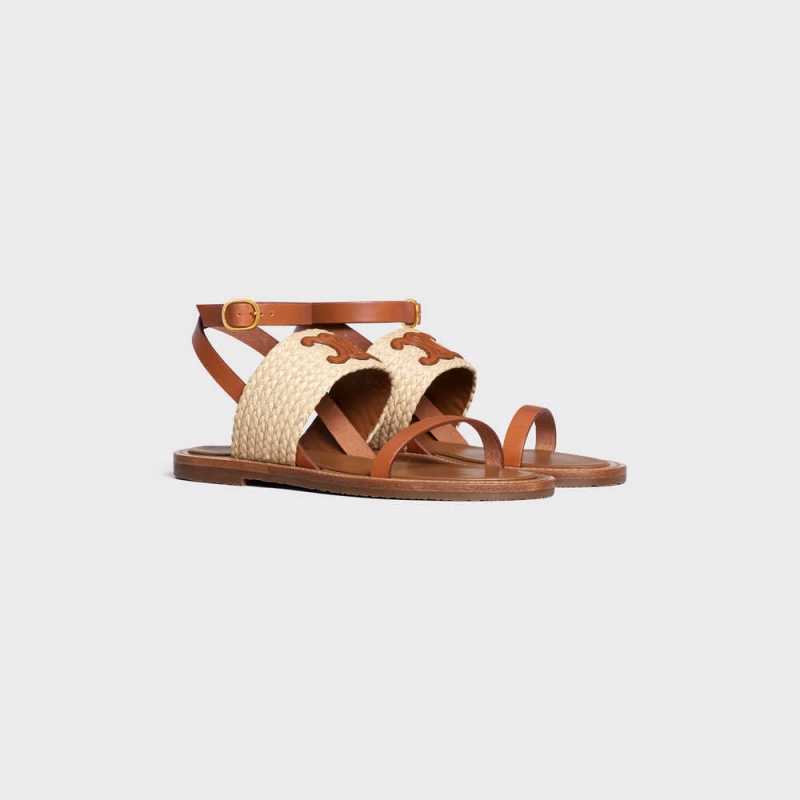 Celine Lympia Platte Riemen In Raffia & Calfskin - Vegetal Tanning Sandalen Beige Bruin | CL-592577