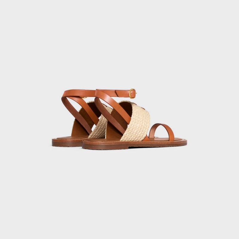 Celine Lympia Platte Riemen In Raffia & Calfskin - Vegetal Tanning Sandalen Beige Bruin | CL-592577