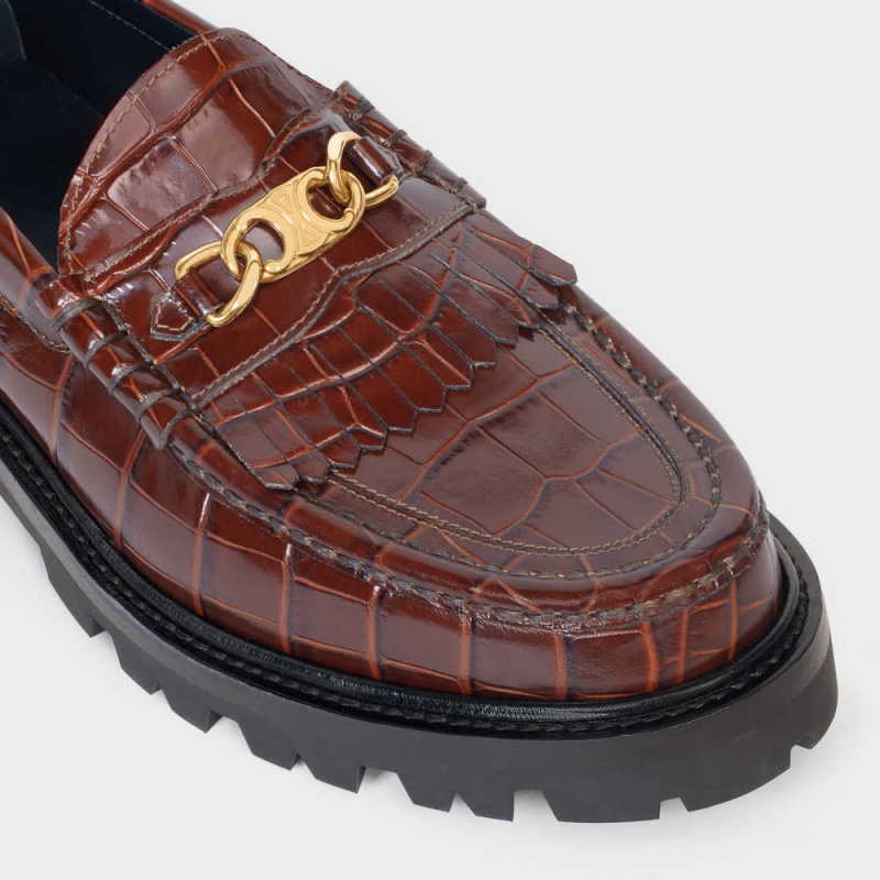 Celine Margaret With Triomphe In Crocodile Stamped Calfskin Loafers Donkerbruin | CL-592523