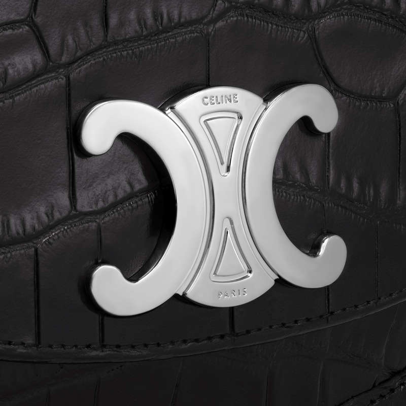 Celine Medium Besace Triomphe In Crocodile Embossed Calfskin Schoudertassen Zwart | CL-591847