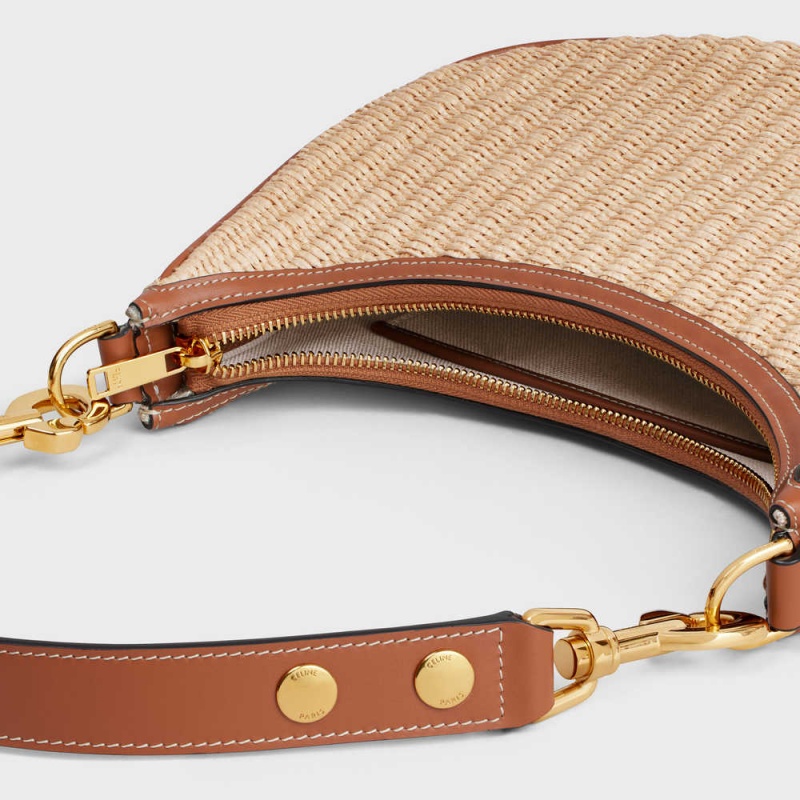 Celine Mediumstrap Bag In Raffia Effect Textiel And Calfskin Ava Beige Bruin | CL-593100