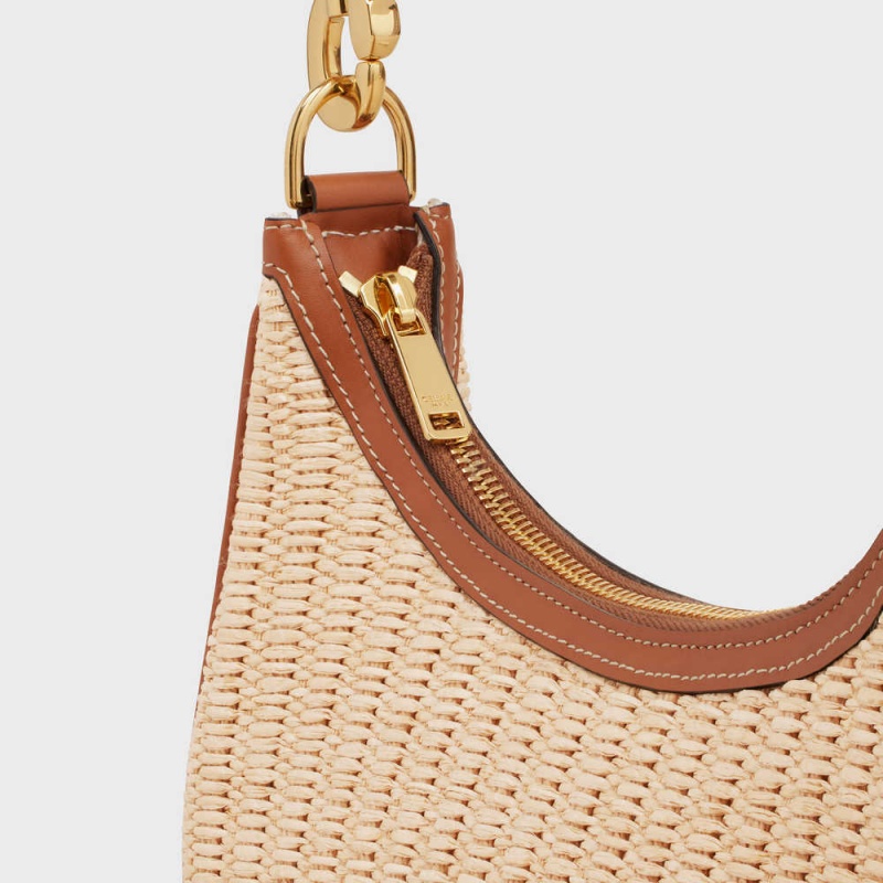 Celine Mediumstrap Bag In Raffia Effect Textiel And Calfskin Ava Beige Bruin | CL-593100