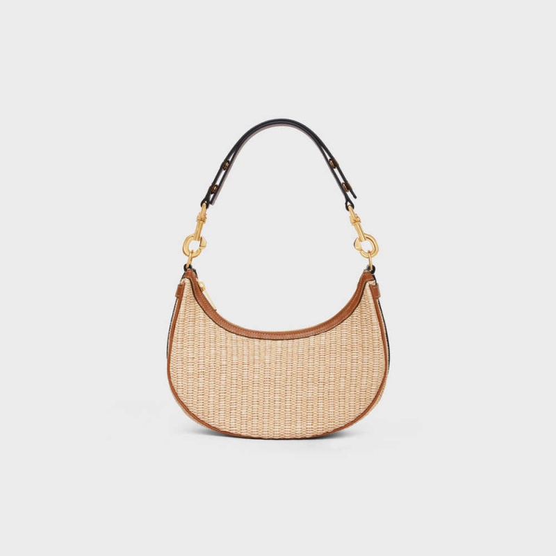 Celine Mediumstrap Bag In Raffia Effect Textiel And Calfskin Ava Beige Bruin | CL-593100