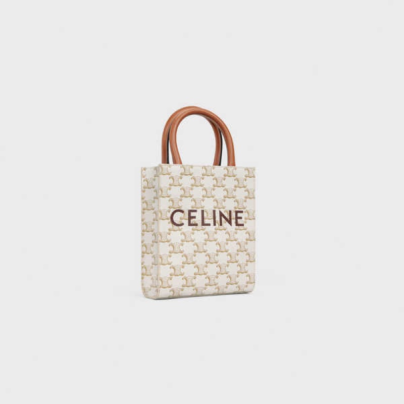 Celine Mini Vertical Cabas In And Calfskin With Print Triomphe Canvas Wit | CL-593136