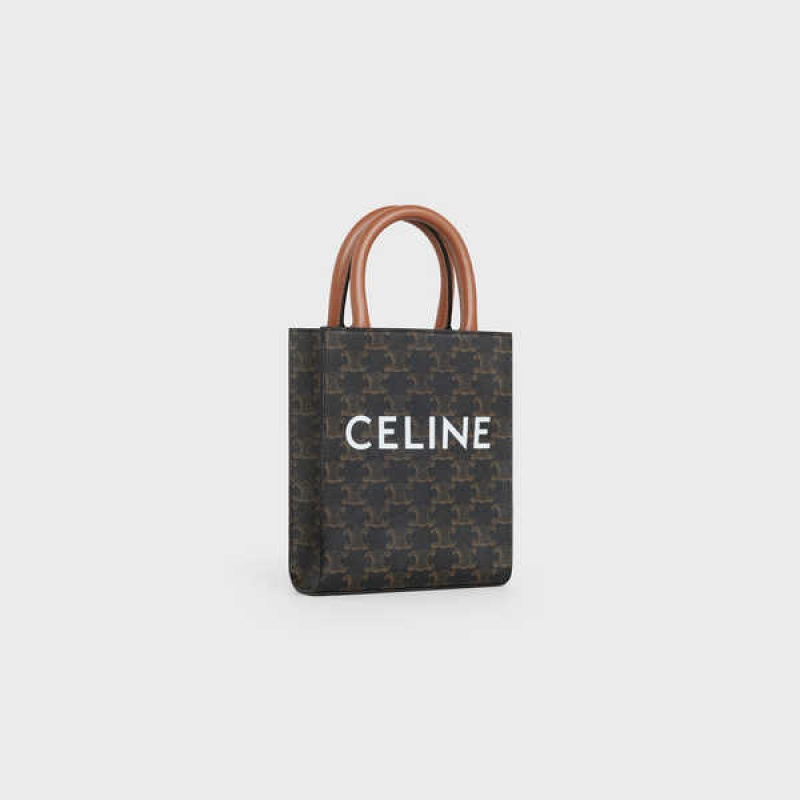 Celine Mini Vertical Cabas In And Calfskin With Print Triomphe Canvas Bruin | CL-593134