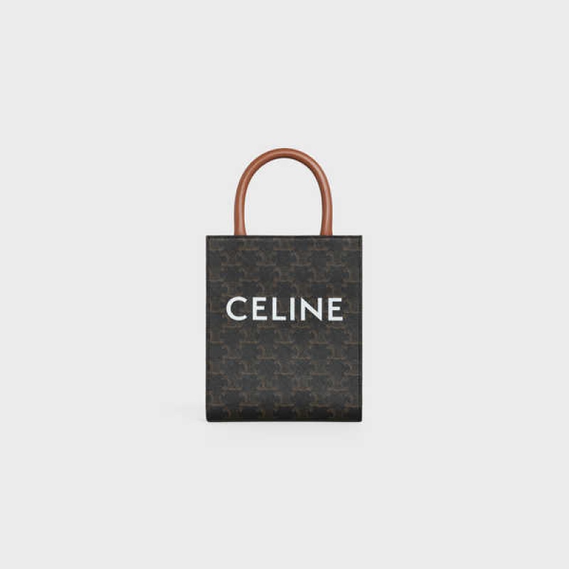 Celine Mini Vertical Cabas In And Calfskin With Print Triomphe Canvas Bruin | CL-593134