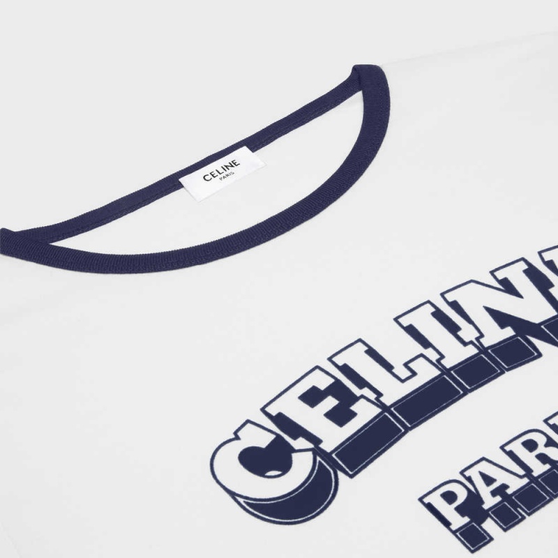 Celine Paris 70 S In Katoenen Jersey T-shirt Wit Donkerblauw | CL-592779