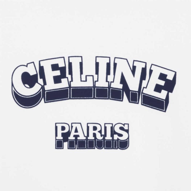 Celine Paris 70 S In Katoenen Jersey T-shirt Wit Donkerblauw | CL-592779