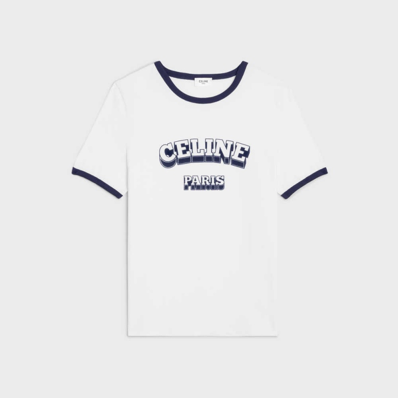 Celine Paris 70 S In Katoenen Jersey T-shirt Wit Donkerblauw | CL-592779